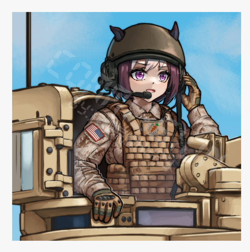 1girl animal_ears blue_sky brown_gloves bulletproof_vest gloves highres horse_ears huihuang_rongyao m1_abrams military_combat_uniform military_fatigues military_uniform military_vehicle motor_vehicle purple_eyes sky solo special_week_(umamusume) tank umamusume united_states_army upper_body war_thunder watermark