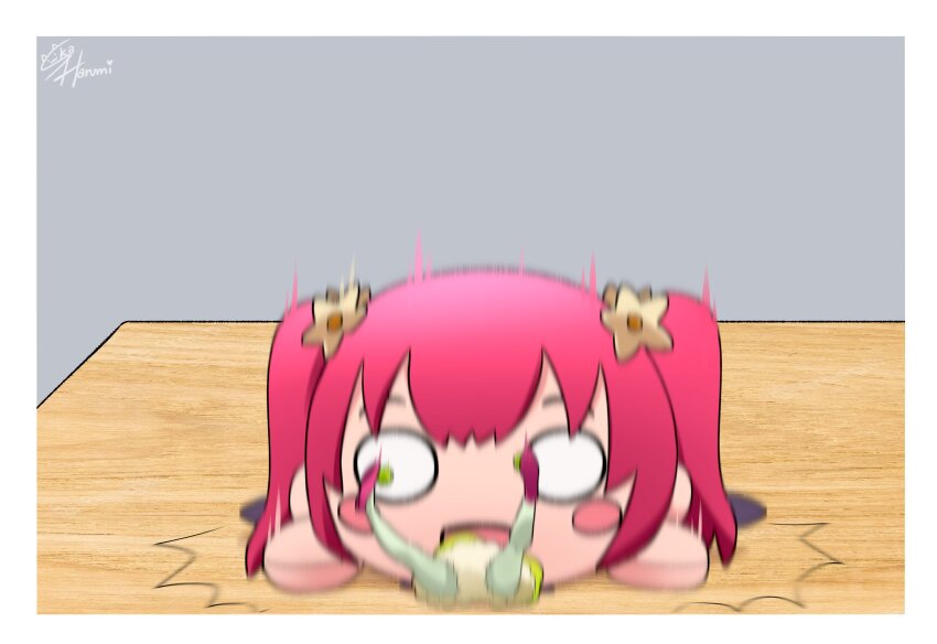 1girl :d ^^^ absurdres artist_name blush_stickers border character_doll commentary fallen_down flats full_body genjitsu_no_yohane green_pantyhose grey_background heavy highres kurosawa_ruby love_live! love_live!_sunshine!! mini_person minigirl motion_blur nesoberi open_mouth oversized_object pantyhose pink_hair pink_shoes ruby_(genjitsu_no_yohane) shoes sidelocks signature simple_background ska.harumi smile solo two_side_up white_border wide_oval_eyes
