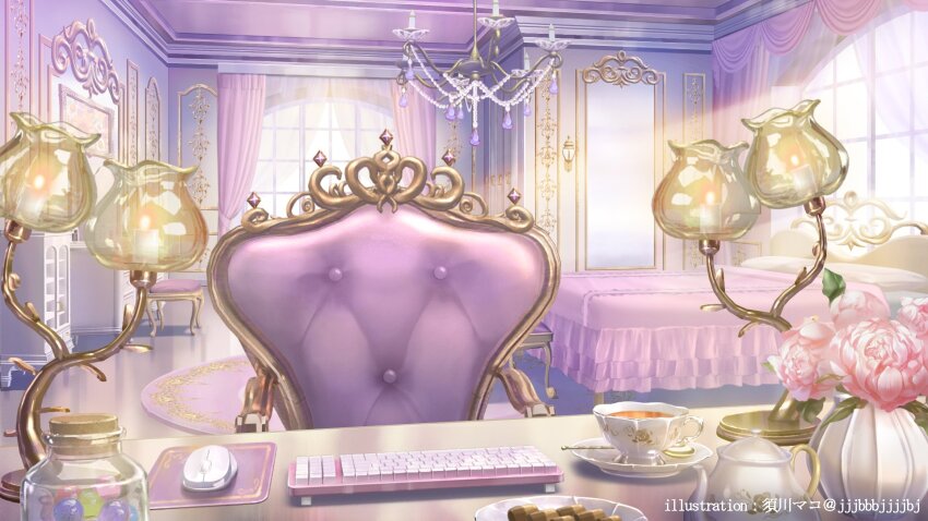 armchair artist_name bed bedroom blanket cabinet candy candy_jar chair chandelier checkerboard_cookie cookie cup curtains day flower food highres himeno_aimu indie_virtual_youtuber indoors jar computer_keyboard lamp computer_mouse mousepad_(object) muntins no_humans official_art pillow pink_flower pink_rose plate rose rug saucer scenery stool sugawa_mako sunlight table tea teacup teapot teaspoon vanity_table vase wall_lamp window