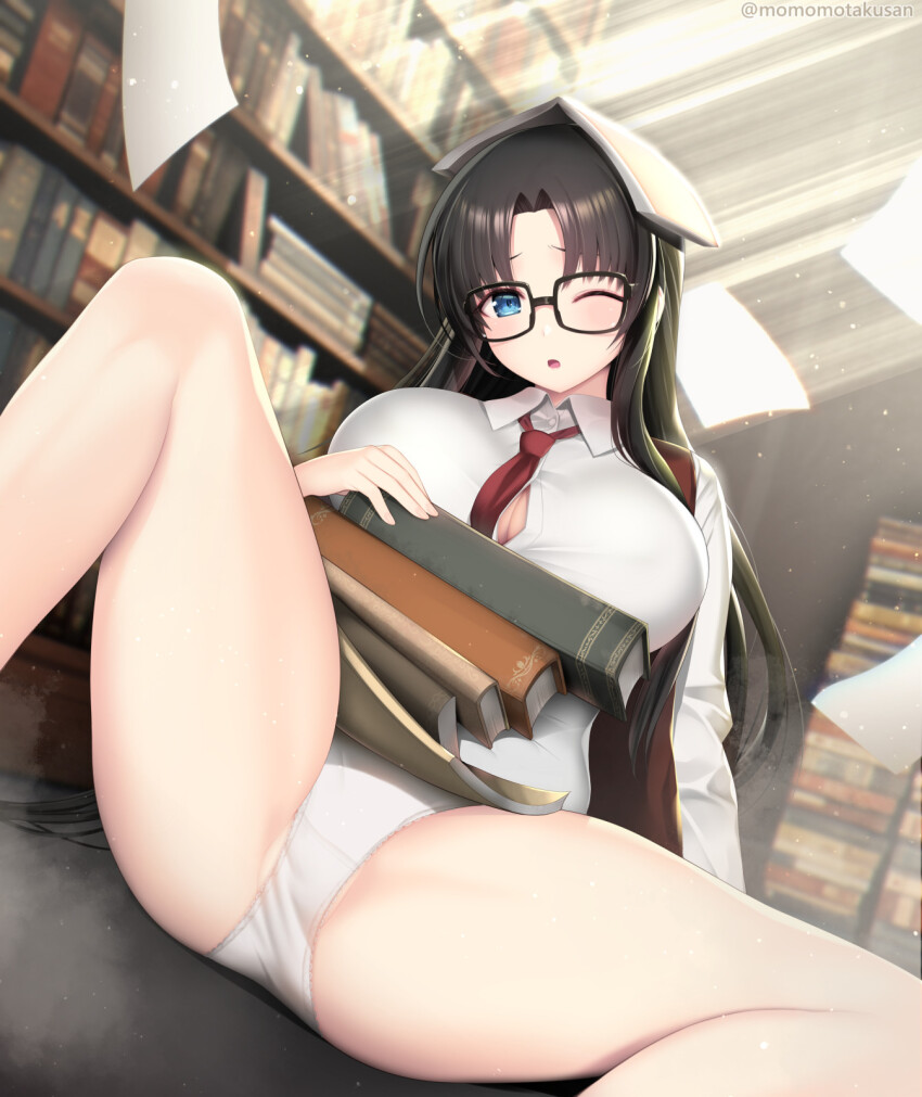 1girl black_hair blue_eyes book bookshelf breasts cleavage glasses highres kashiwamochi_yomogi large_breasts long_hair long_sleeves looking_at_viewer necktie one_eye_closed panties paper read_or_die solo underwear yomiko_readman