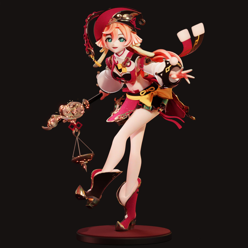 1girl 3d :d antlers bikini bikini_top_only boots bow cropped_jacket detached_sleeves genshin_impact green_eyes hair_between_eyes high_heel_boots high_heels highres holding holding_lantern horns lantern leg_up long_hair midriff open_mouth outstretched_arms pablo_dobarro pink_hair red_headwear skirt smile solo swimsuit tassel yanfei_(genshin_impact)