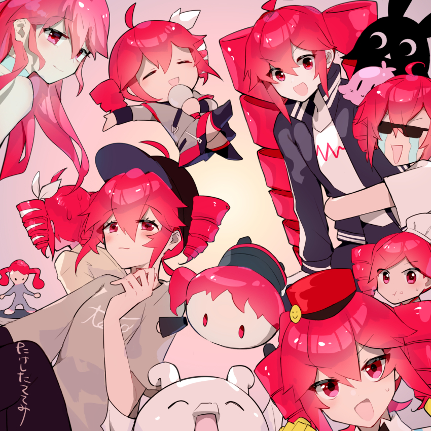 1boy 1girl ahoge chibi closed_eyes creature crying drill_hair glasses highres jacket kasane_ted kasane_teto long_hair multiple_views open_mouth red_eyes red_hair smile torino_sasami toy twin_drills utau