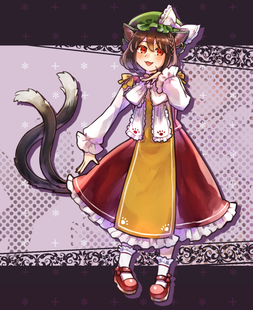 1girl :d adapted_costume animal_ears blush bow bowtie braid brown_hair cat_ears cat_tail chen commentary_request double-parted_bangs drop_shadow earrings embellished_costume french_braid frilled_bowtie frilled_skirt frilled_sleeves frills full_body green_hat hair_between_eyes hand_up hat hat_bow highres jewelry long_sleeves looking_at_viewer mary_janes mob_cap multiple_tails nail_polish nekomata nekotsuki open_mouth paw_print petticoat pigeon-toed puffy_long_sleeves puffy_sleeves red_eyes red_nails red_shoes red_skirt red_vest shoes short_hair single_earring skirt skirt_set smile socks solo standing tail touhou two_tails vest white_bow white_bowtie white_socks yellow_tabard