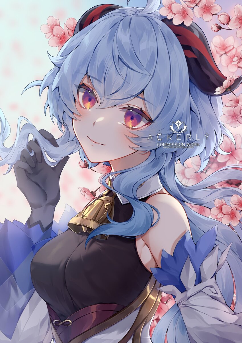 1girl 4ckerly ahoge artist_name bare_shoulders bell blue_gloves blue_hair blush breasts commission detached_sleeves flower ganyu_(genshin_impact) genshin_impact gloves hand_in_own_hair highres horns light_smile long_hair looking_at_viewer medium_breasts neck_bell pink_flower purple_eyes sidelocks solo upper_body white_sleeves