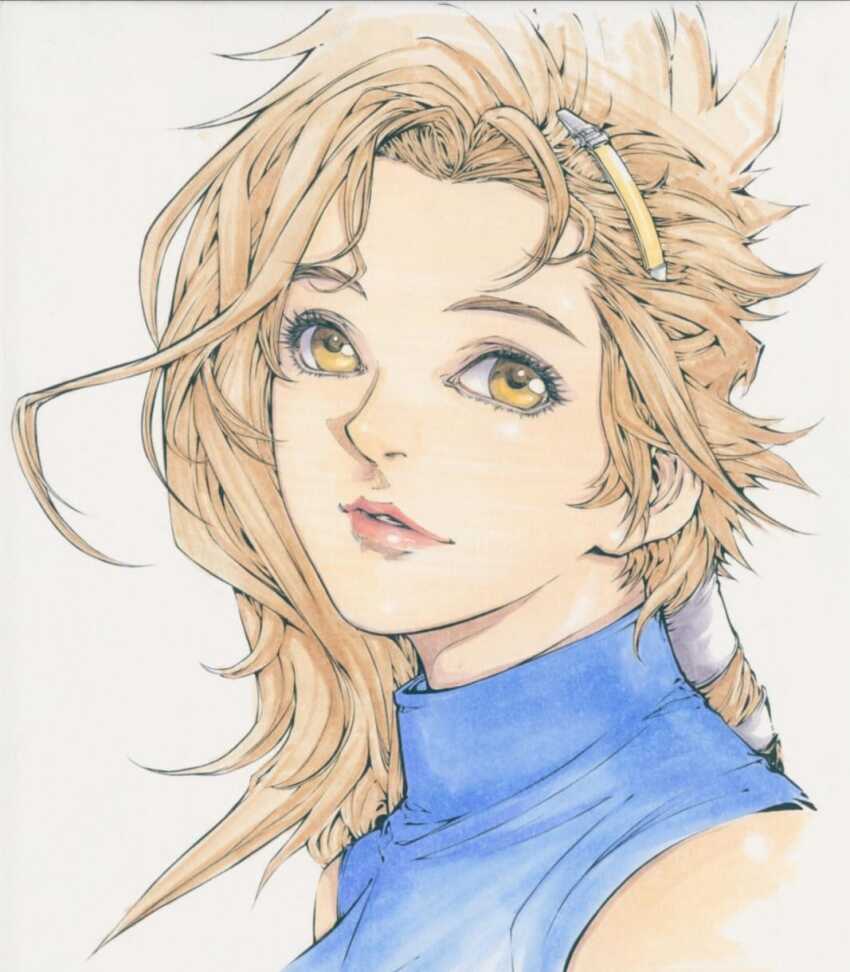 1girl andy_seto anling_(cyber_weapon_z) braid braided_ponytail brown_hair chinese_commentary commentary_request cyber_weapon_z forehead hair_ornament hairclip highres marker_(medium) parted_lips pink_lips portrait sleeveless sleeveless_turtleneck solo traditional_media turtleneck yellow_eyes