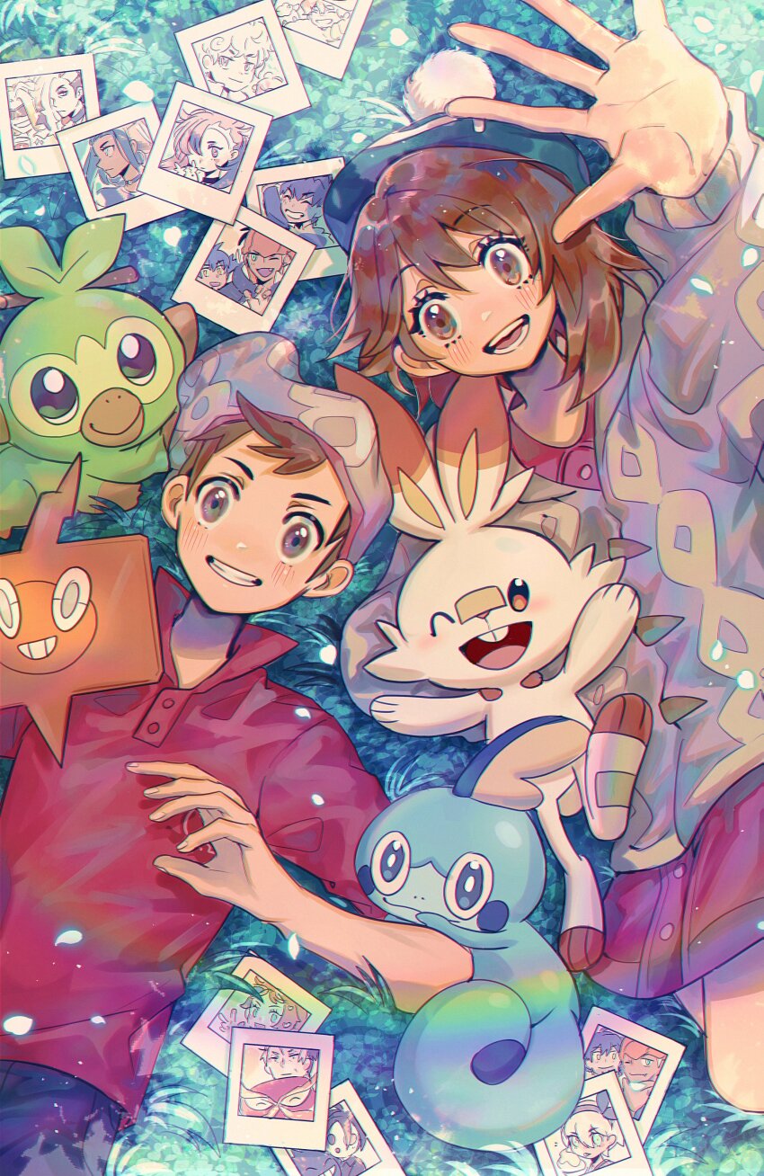 1boy 1girl absurdres bede_(pokemon) brown_eyes brown_hair chiyo_(miichiyochin) creatures_(company) game_freak gen_4_pokemon gen_8_pokemon gloria_(pokemon) gordie_(pokemon) green_hat grey_hat grookey hat highres hop_(pokemon) leon_(pokemon) looking_at_viewer lying marnie_(pokemon) milo_(pokemon) morpeko nessa_(pokemon) nintendo on_back outstretched_arm photo_(object) piers_(pokemon) pokemon pokemon_(creature) pokemon_swsh raihan_(pokemon) red_shirt rotom rotom_phone shirt sobble starter_pokemon_trio victor_(pokemon) wooloo