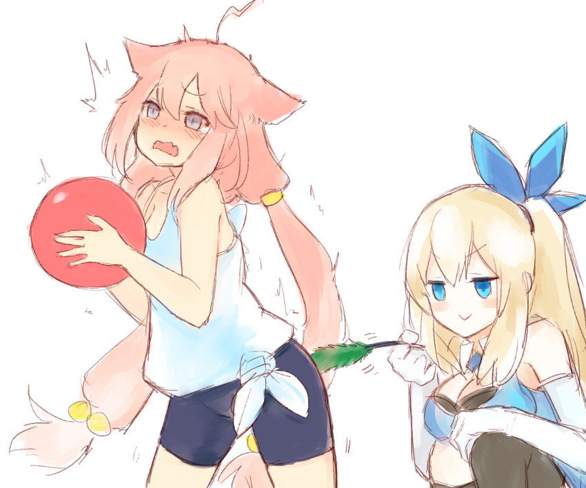 13o 2girls ahoge animal_ears bad_id bad_pixiv_id ball blonde_hair blue_eyes blush blush_stickers breasts cat_ears cleavage elbow_gloves gloves hinata_channel holding holding_ball mirai_akari mirai_akari_project motion_lines multiple_girls nekomiya_hinata open_mouth pink_hair ponytail simple_background sketch smile tearing_up tickling tickling_ass twintails virtual_youtuber white_background