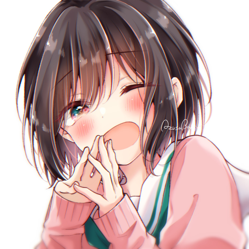 1boy 2024 banjou_azusa black_hair blush cardigan crossdressing hair_between_eyes highres koisuru_(otome)_no_tsukurikata long_sleeves looking_at_viewer male_focus hiura_mihate one_eye_closed open_mouth pink_cardigan pink_eyes pink_serafuku sailor_collar school_uniform serafuku short_hair simple_background solo trap white_background