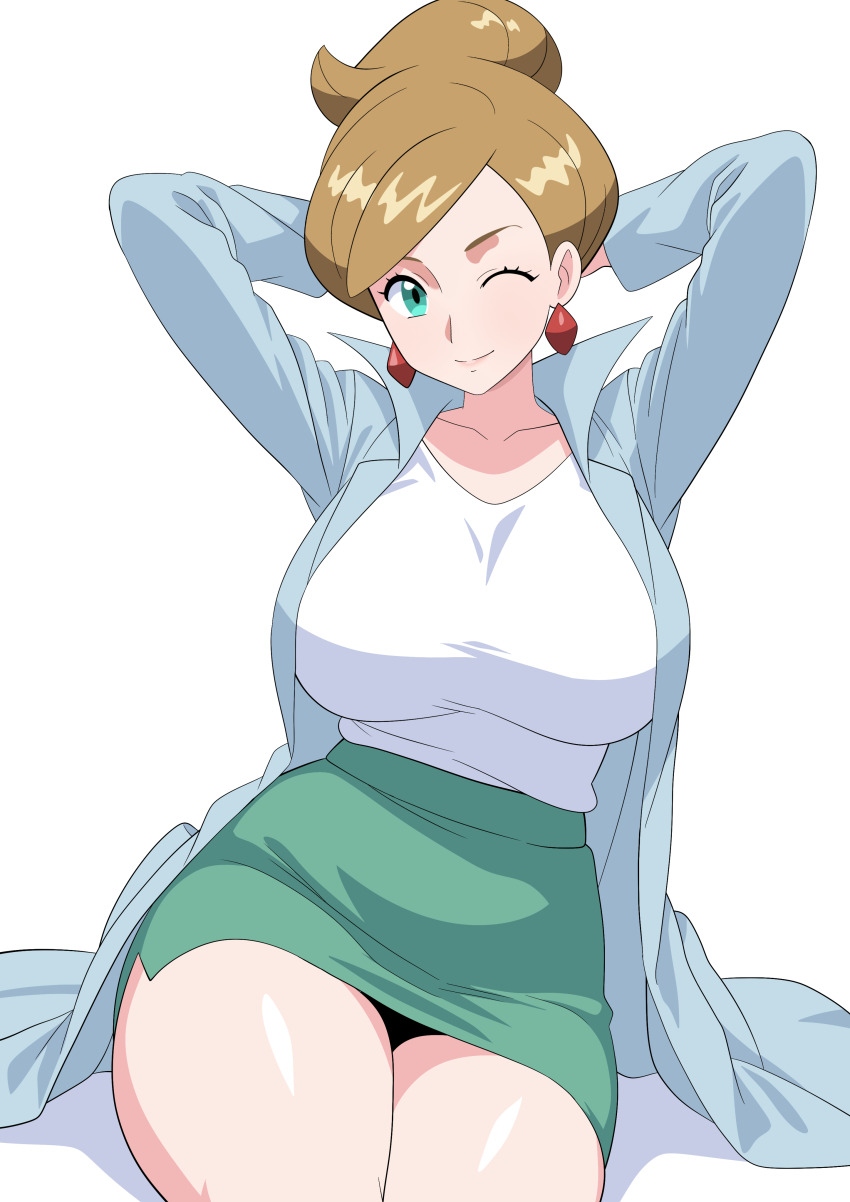 1girl absurdres aqua_eyes arms_up breasts brown_hair chelsea_cola_v curvy earrings green_skirt high_ponytail highres jewelry lab_coat large_breasts looking_at_viewer mature_female miniskirt nintendo one_eye_closed pencil_skirt pokemon pokemon_bw ponytail professor_juniper shirt simple_background sitting skirt solo thighs white_background white_shirt