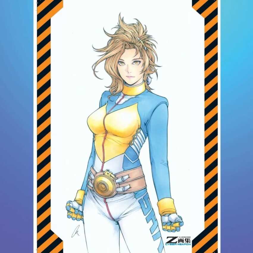 1girl andy_seto anling_(cyber_weapon_z) belt breasts brown_hair chinese_commentary clenched_hands commentary copyright_name cyber_weapon_z english_commentary expressionless hair_ornament hairclip jacket marker_(medium) medium_breasts mixed-language_commentary multicolored_jacket pants signature solo traditional_media two-tone_jacket white_pants yellow_eyes