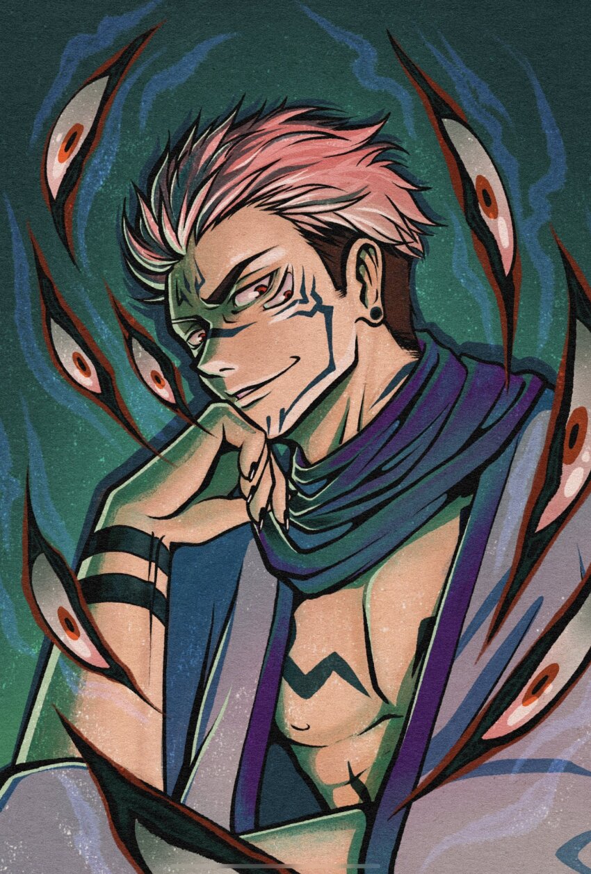 1boy bare_pectorals black_nails commentary csmbtc disembodied_eye earrings english_commentary extra_eyes facial_mark furrowed_brow highres jewelry jujutsu_kaisen looking_at_viewer male_focus nipples parted_lips pectorals pink_hair red_eyes ryoumen_sukuna_(jujutsu_kaisen) short_hair sideburns sitting solo