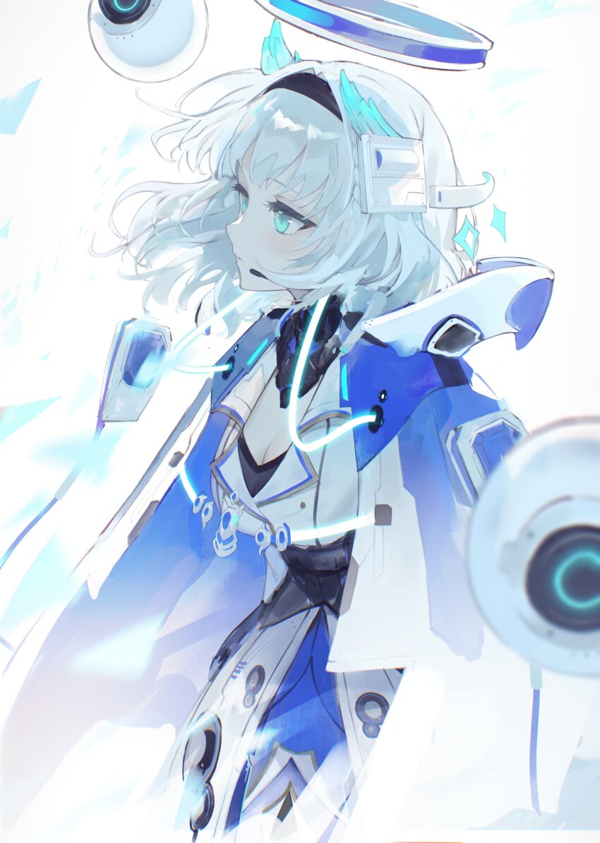 1girl absurdres blue_eyes blush breasts floating_hair from_side glowing grey_hair halo highres hood hood_down hooded_jacket indie_virtual_youtuber jacket kamishiro_rita leaning_forward looking_ahead mechanical_halo medium_breasts short_hair solo takummui virtual_youtuber white_background white_jacket