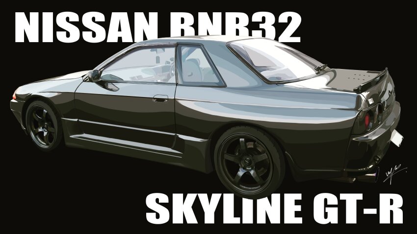 absurdres black_car car from_side highres impact_(font) motor_vehicle nissan nissan_skyline nissan_skyline_gt-r nissan_skyline_r32 no_humans original realistic signature sports_car vehicle_focus vehicle_name waju220