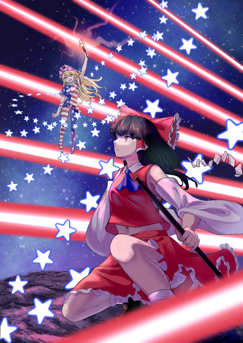 2girls absurdres american_flag american_flag_dress american_flag_legwear american_flag_print ankle_socks ascot blonde_hair bloomers blue_ascot bow breasts brown_eyes brown_hair brown_shoes clownpiece commentary_request danmaku detached_sleeves fairy_wings flag_print frilled_bow frilled_skirt frills galaxy gohei hair_bow hair_tubes hakurei_reimu hat highres holding holding_gohei holding_torch jester_cap kulukulu3333 laser legacy_of_lunatic_kingdom loafers long_hair long_sleeves midriff_peek moon multiple_girls navel neck_ruff night night_sky pantyhose polka_dot polka_dot_headwear purple_hat red_bow red_shirt red_skirt serious shirt shoes skirt skirt_set sky sleeveless sleeveless_shirt small_breasts socks space squatting star_(sky) star_(symbol) star_print striped_clothes striped_pantyhose torch touhou turn_cuff_socks underwear white_bloomers white_sleeves wide_sleeves wings