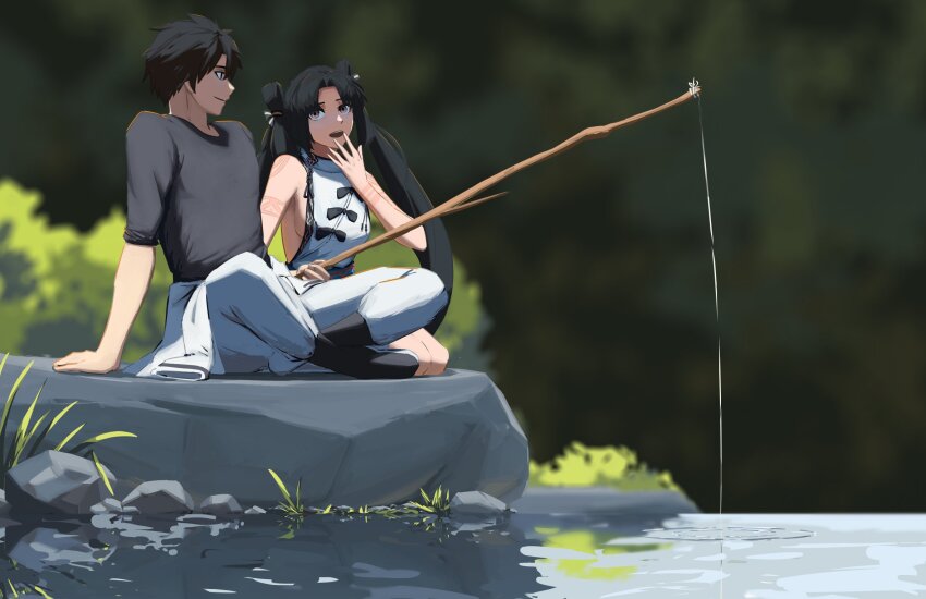 1girl backless_dress backless_outfit bare_shoulders black_hair black_shirt body_markings breasts brown_eyes brown_hair clothes_around_waist crossed_legs dress fate/grand_order fate_(series) fishing_rod fujimaru_ritsuka_(male) fujimaru_ritsuka_(male)_(decisive_battle_chaldea_uniform) grey_dress highres holding iyo_(fate) jacket jacket_around_waist long_hair open_mouth outdoors paperpillar parted_bangs pond shirt short_hair sideboob sitting smile topknot twintails unworn_jacket
