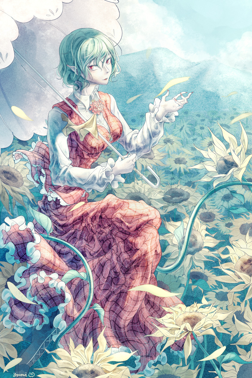 1girl absurdres ascot breasts brooch collared_shirt day field flower flower_brooch flower_field frilled_skirt frilled_vest frills full_body green_hair highres holding holding_umbrella jewelry kazami_yuuka long_sleeves looking_at_viewer medium_breasts mountainous_horizon outdoors petals pointy_ears red_eyes red_flower red_skirt red_vest shirt short_hair skirt skirt_set solo somayumi sunflower touhou umbrella vest white_shirt white_umbrella yellow_ascot yellow_flower yellow_petals