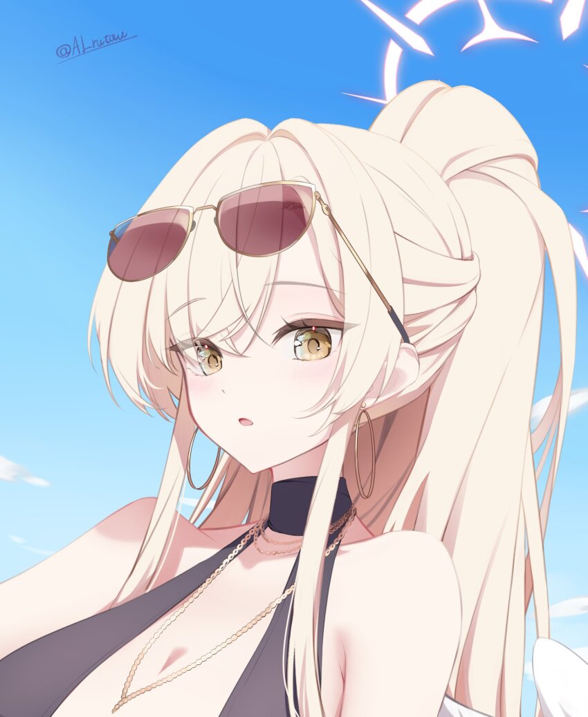 1girl alrutau black_one-piece_swimsuit blue_archive halo highres low_wings nagisa_(blue_archive) nagisa_(swimsuit)_(blue_archive) official_alternate_costume official_alternate_hairstyle one-piece_swimsuit open_mouth pink_halo ponytail solo swimsuit upper_body white_wings wings yellow_eyes