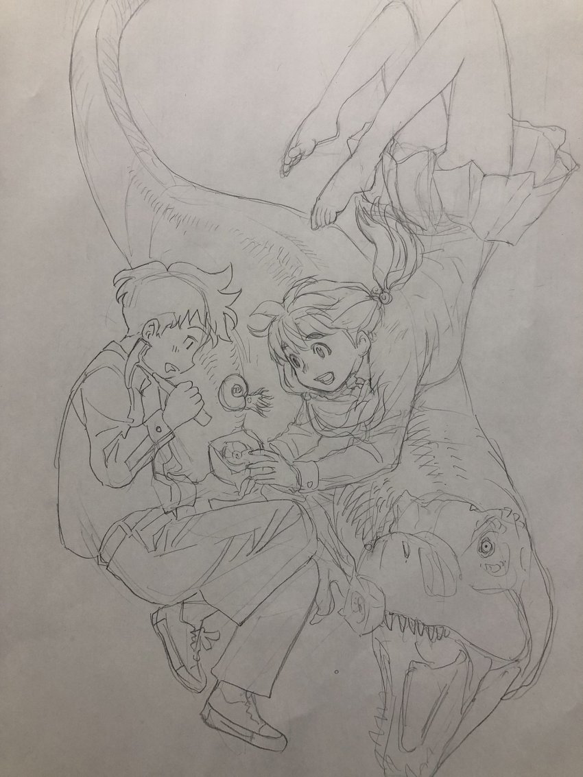 1boy 1girl ammonite dinosaur floating fossil full_body hammer highres kikumoto_kaoru kimi_wa_sukinosaurus low_twintails monochrome open_mouth prehistoric_animal sekiguchi_taro shiraishi_momiji shirt sketch smile traditional_media twintails tyrannosaurus_rex unfinished