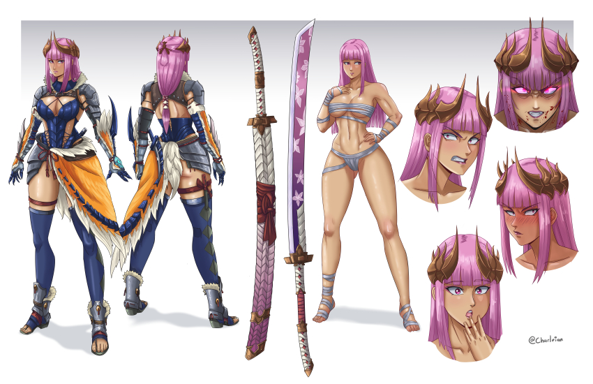 1girl absurdres arm_wrap armor bikini_armor blush boots budget_sarashi charleian closed_mouth full_body fundoshi gauntlets glowing hair_ornament highres horn_ornament horns japanese_clothes katana leg_wrap long_hair monster_hunter_(character) monster_hunter_(series) multiple_expressions multiple_views open_mouth pink_hair sarashi simple_background standing sword thighhighs toeless_footwear toned toned_female weapon white_background wrist_blades