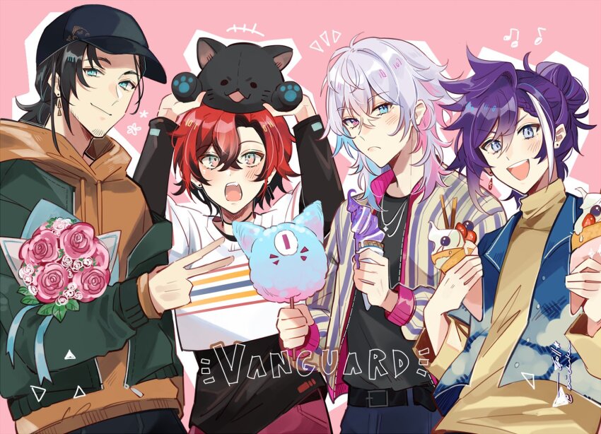 4boys alternate_costume alternate_hairstyle aqua_eyes banzoin_hakka beard_stubble belt bishounen black_hair black_headwear blue_eyes blue_hair bouquet coll_(erichankun) commentary cotton_candy crepe earrings english_commentary english_text facial_hair facing_viewer flower food gavis_bettel grey_hair hair_between_eyes hair_bun hat heterochromia highres holding holding_cotton_candy holding_crepe holding_food holding_ice_cream holostars holostars_english hood hoodie ice_cream jacket jewelry josuiji_shinri light_blush long_hair looking_at_viewer low_ponytail machina_x_flayon male_focus multicolored_hair multiple_boys open_clothes open_jacket open_mouth orange_eyes orange_hoodie outline pink_background pink_eyes pink_flower pink_hair pink_rose ponytail purple_hair red_hair rose short_hair smile stubble sweater tassel tassel_earrings upper_body v white_hair white_outline yellow_sweater