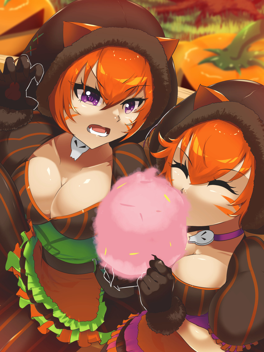 2girls absurdres alternate_costume animal_ears animal_hands apron belt black_hood breasts brown_belt cat_ears cat_girl cat_paws choker cleavage closed_eyes commission commissioner_upload cosplay cotton_candy dress facepaint facial_mark fangs fire_emblem fire_emblem:_path_of_radiance fire_emblem:_radiant_dawn fire_emblem_heroes food food_theft glowing glowing_hand halloween halloween_costume happy highres holding holding_cotton_candy holding_food jack-o&#039;-lantern_print keldancon laguz_(fire_emblem) large_breasts lethe_(fire_emblem) lethe_(fire_emblem)_(cosplay) lethe_(halloween)_(fire_emblem) lyre_(fire_emblem) matching_outfits multiple_girls nintendo official_alternate_costume orange_apron orange_hair pink_choker pumpkin purple_eyes siblings sisters skull_choker striped_clothes striped_dress striped_leggings twins vertical-striped_leggings whisker_markings