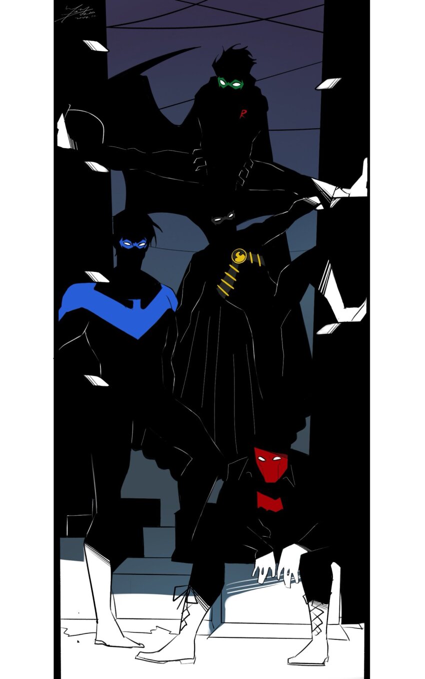 bat_signal batman_(series) batman_symbol black_bodysuit black_gloves black_hair bodysuit brothers brown_jacket damian_wayne dc_comics dick_grayson domino_mask gloves highres holding jacket jason_todd male_focus mask multiple_boys muscular muscular_male night nightwing open_clothes outdoors pants people red_hood_(dc) red_mask red_robin robin_(dc) short_hair siblings silhouette smallstarrrr standing superhero_costume tim_drake