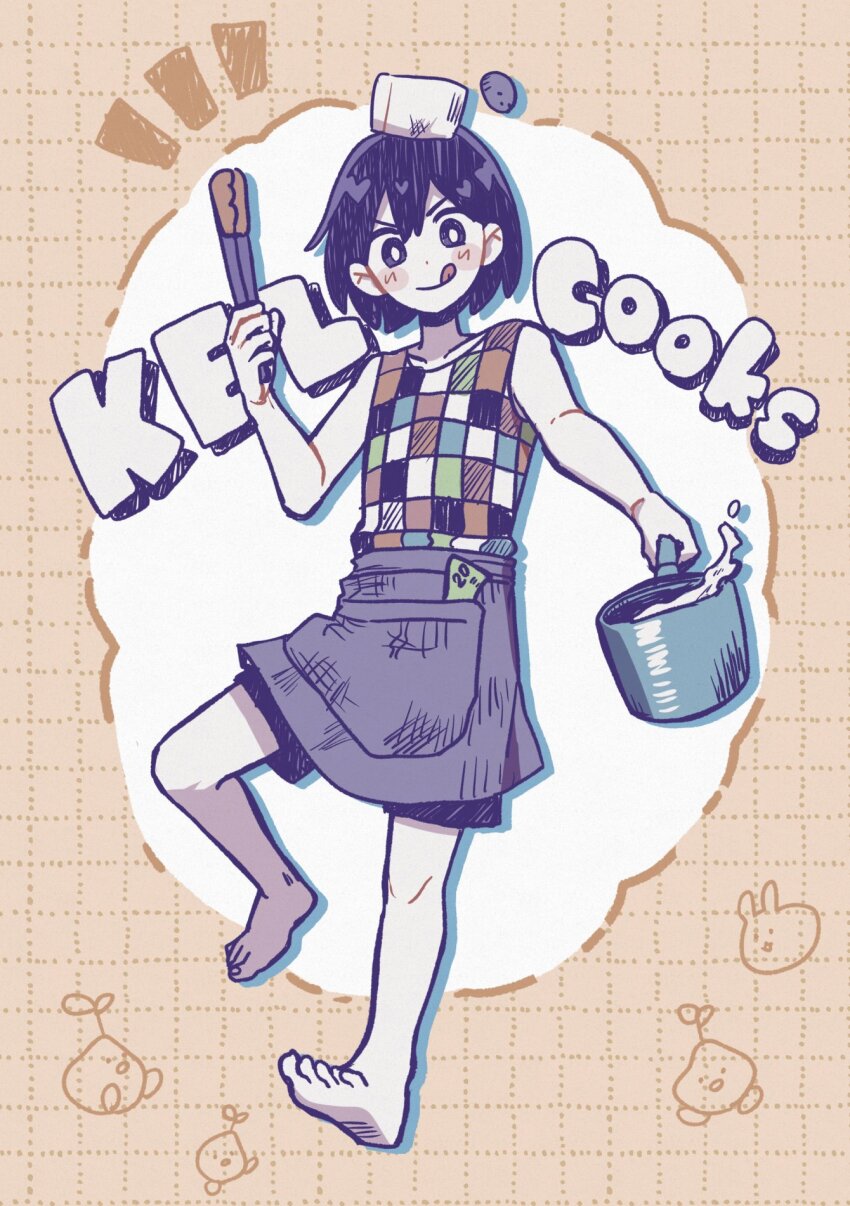 1boy apron barefoot closed_mouth collarbone colored_skin cooking_pot forest_bunny_(omori) highres holding holding_cooking_pot holding_tongs inui_mamoru kel_(headspace)_(omori) kel_(omori) looking_at_viewer omori pet_rock purple_eyes purple_hair short_hair solo sprout_mole tongs tongue tongue_out waist_apron water white_skin