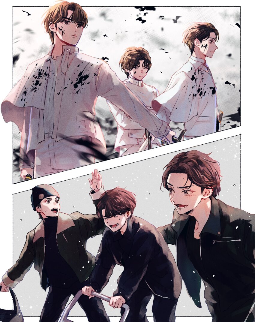 3boys black_jacket brown_hair closed_mouth commentary fur-trimmed_jacket fur_trim hat highres holding holding_sword holding_weapon jacket joshua_(seventeen) k-pop male_focus mokome124 multiple_boys s.coups seventeen_(group) short_hair smile sweatdrop sword symbol-only_commentary weapon white_jacket woozi_(seventeen)