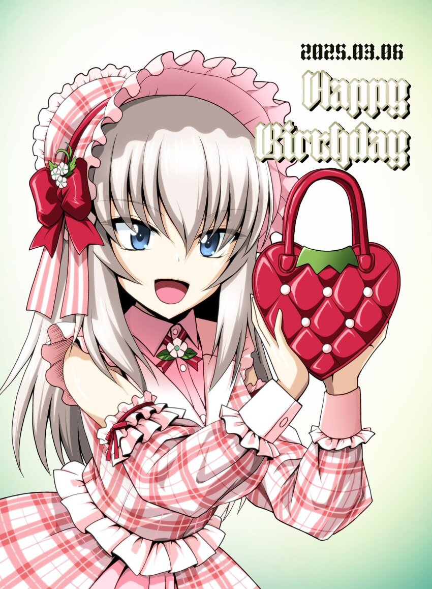 1girl bag birthday blue_eyes bonnet collared_shirt commentary dated detached_sleeves dress english_text frilled_dress frilled_sleeves frills girls_und_panzer girls_und_panzer_senshadou_daisakusen! grey_hair handbag happy_birthday hat highres holding holding_bag itsumi_erika kamishima_kanon long_hair looking_at_viewer neck_ribbon official_alternate_costume open_mouth pink_dress pink_hat pink_shirt plaid_clothes plaid_dress plaid_sleeves red_ribbon ribbon shirt sleeveless sleeveless_dress smile solo standing upper_body wing_collar