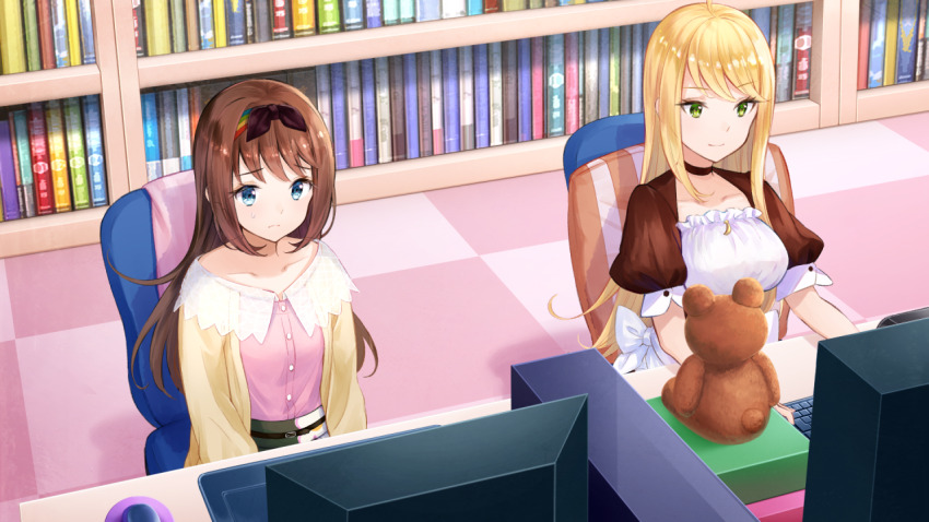 2girls ahoge black_choker blonde_hair blue_eyes bookshelf breasts brown_cardigan brown_hair cardigan chair checkered_floor choker closed_mouth collarbone drawing_tablet game_cg green_eyes green_skirt hairband indoors large_breasts long_hair maid monitor multicolored_hairband multiple_girls non-web_source office_chair official_art on_chair open_cardigan open_clothes otori_ai pink_shirt puffy_short_sleeves puffy_sleeves raised_inner_eyebrows shirt short_sleeves sidelocks sitting skirt small_breasts smile stuffed_animal stuffed_toy sweatdrop swivel_chair tachibana_nana teddy_bear working worried yumeutsutsu_re:master