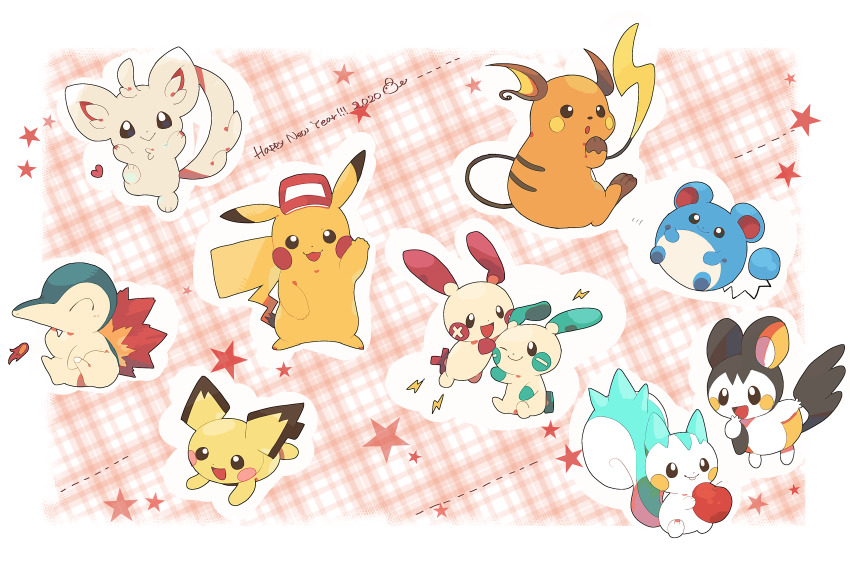:d absurdres apple bad_id bad_pixiv_id closed_mouth clothed_pokemon commentary_request cyndaquil dated eating emolga fire food fruit gen_1_pokemon gen_2_pokemon gen_3_pokemon gen_4_pokemon gen_5_pokemon happy_new_year hat highres holding looking_at_viewer marill minccino minun nao_(naaa_195) new_year nintendo no_humans open_mouth pachirisu pichu pikachu plusle pokemon pokemon_(creature) raichu red_headwear smile star_(symbol)