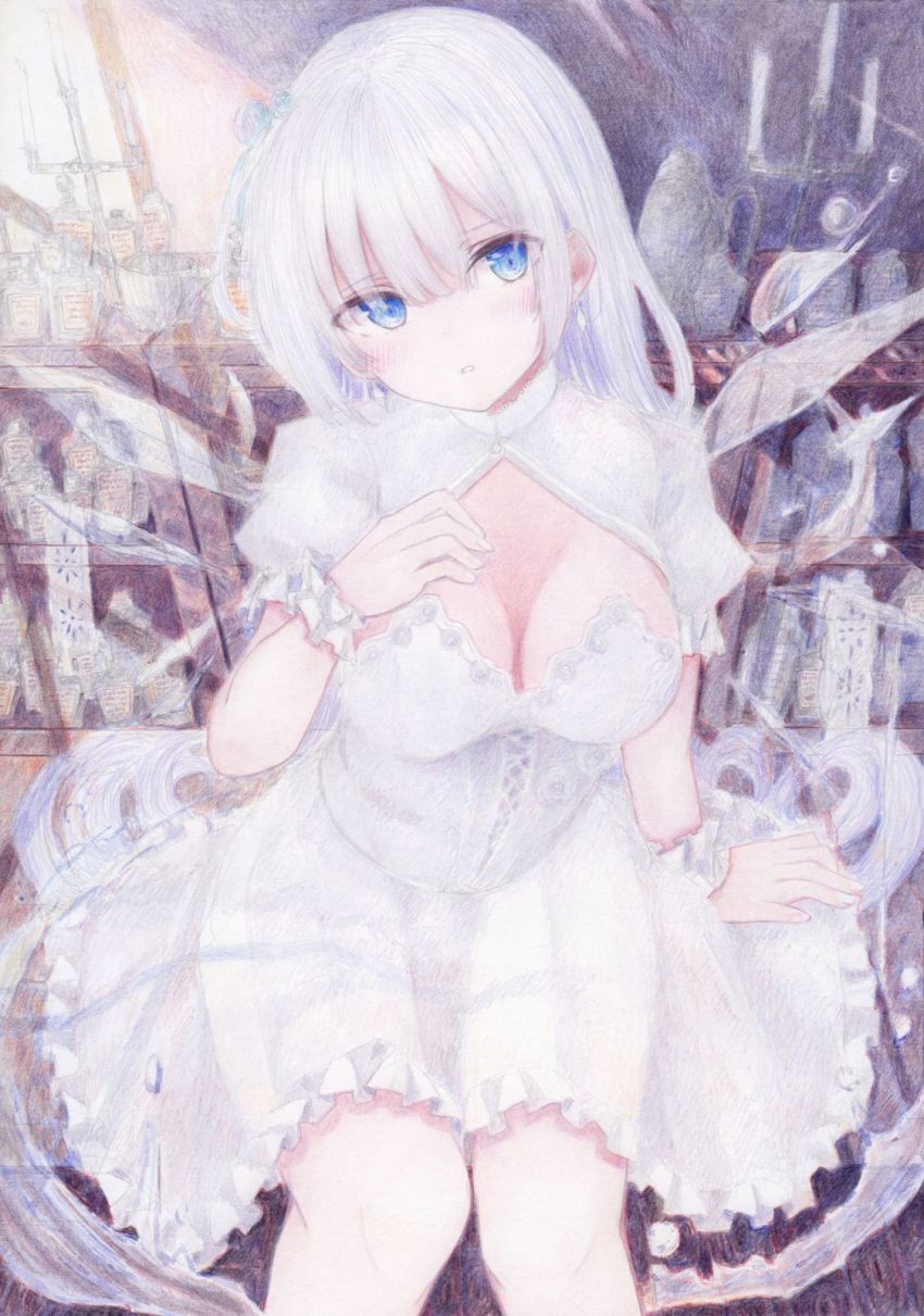 1girl :o blush breasts cleavage colored_pencil_(medium) darkkanan dress eyes_visible_through_hair hair_between_eyes highres ice ice_wings indoors legs long_hair looking_at_viewer medium_breasts original painting_(medium) sidelocks sitting solo traditional_media watercolor_(medium) white_dress white_hair wings