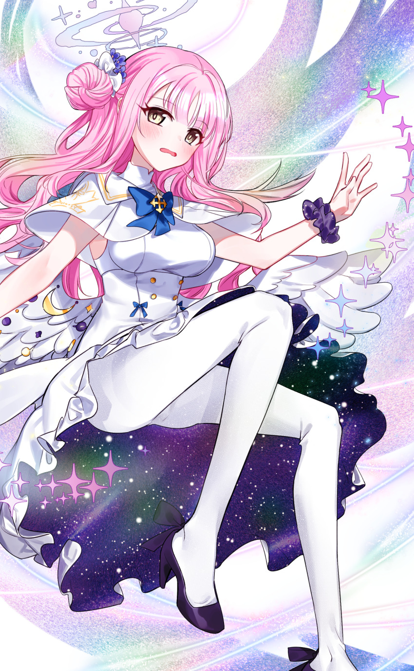 1girl absurdres angel angel_wings blue_archive blue_bow blush bow breasts buttons capelet commentary_request double-breasted dress embarrassed feathered_wings flower gold_trim hair_bun hair_flower hair_ornament halo high_heels highres large_breasts long_hair looking_at_viewer low_wings mika_(blue_archive) open_mouth pantyhose pink_halo pumps renirum_14 scrunchie single_hair_bun single_side_bun sleeveless sleeveless_dress solo very_long_hair white_capelet white_dress white_pantyhose white_wings wing_ornament wings wrist_scrunchie yellow_eyes
