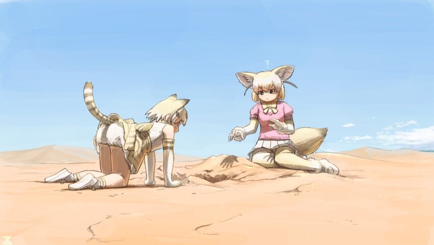 ? all_fours animal_ears animal_print back_bow bare_shoulders blonde_hair bloomers bow bowtie cat_ears cat_girl cat_print cat_tail commentary day desert elbow_gloves extra_ears fennec_(kemono_friends) fox_ears fox_girl fox_tail frilled_skirt frills fur_trim gloves high-waist_skirt imnim_leef kemono_friends loafers pink_sweater pleated_skirt print_gloves print_legwear print_skirt print_socks puffy_short_sleeves puffy_sleeves sand_cat_(kemono_friends) shirt shoes short_hair short_sleeves skirt sleeveless sneakers socks sweater symbol-only_commentary tail thighhighs underwear white_bloomers white_footwear white_fur white_gloves white_hair white_shirt white_skirt yellow_bow yellow_bowtie yellow_eyes yellow_socks yellow_thighhighs