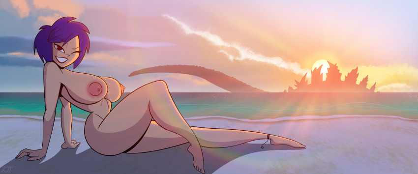 1girl ;) absurdres atari beach breasts come_hither completely_nude curvy dinosaur dusk giant giant_monster godzilla godzilla:_domination godzilla_(series) highres kaiju large_areolae large_breasts lipstick makeup matsu_connie monster nude ocean one_eye_closed outdoors pipeworks purple_hair rustysh4ckl3frd sea_monster short_hair small_nipples smile spikes sun sunlight sunset tail toho water wayforward wink