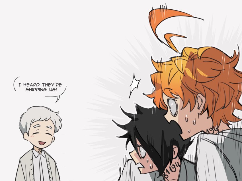 1girl 2boys black_hair cardigan closed_eyes collared_shirt commentary double_entendre emma_(yakusoku_no_neverland) english_commentary english_text grey_hair hair_between_eyes misunderstanding multiple_boys neck_tattoo neekosiah norman_(yakusoku_no_neverland) open_mouth orange_hair ray_(yakusoku_no_neverland) shirt simple_background spiked_hair sweat tattoo white_shirt yakusoku_no_neverland