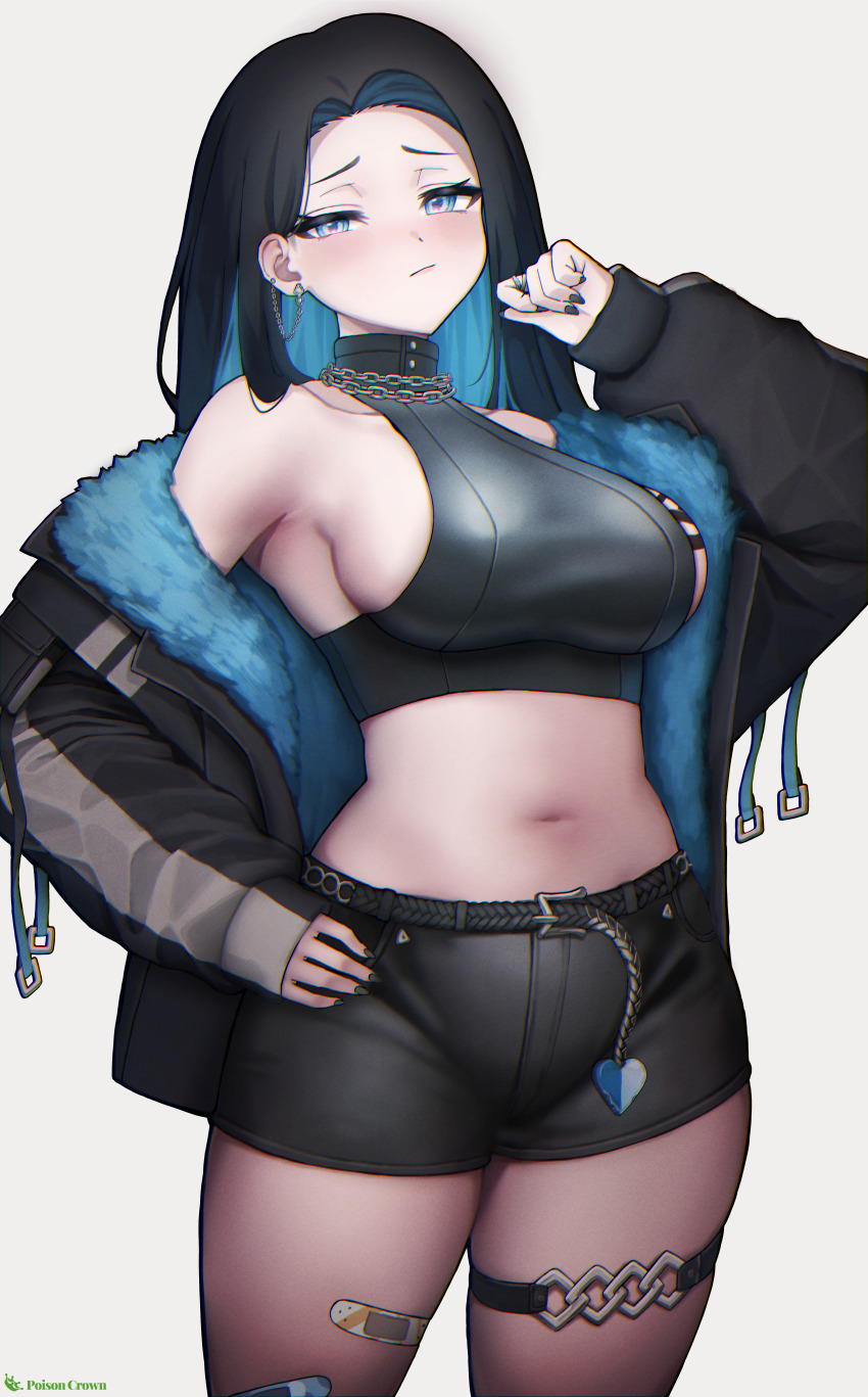 1girl absurdres bare_shoulders belt black_belt black_bustier black_hair black_jacket black_nails black_shorts blue_eyes blue_hair blue_jacket breasts chain chain_necklace colored_inner_hair cowboy_shot crop_top ear_chain fur_jacket half-closed_eyes hand_on_own_hip highres jacket jewelry large_breasts long_hair long_sleeves looking_at_viewer midriff multicolored_hair navel necklace original poisoncrown01 ring short_shorts shorts sideboob simple_background solo stomach thigh_strap thighs turtleneck two-sided_fabric two-sided_jacket white_background