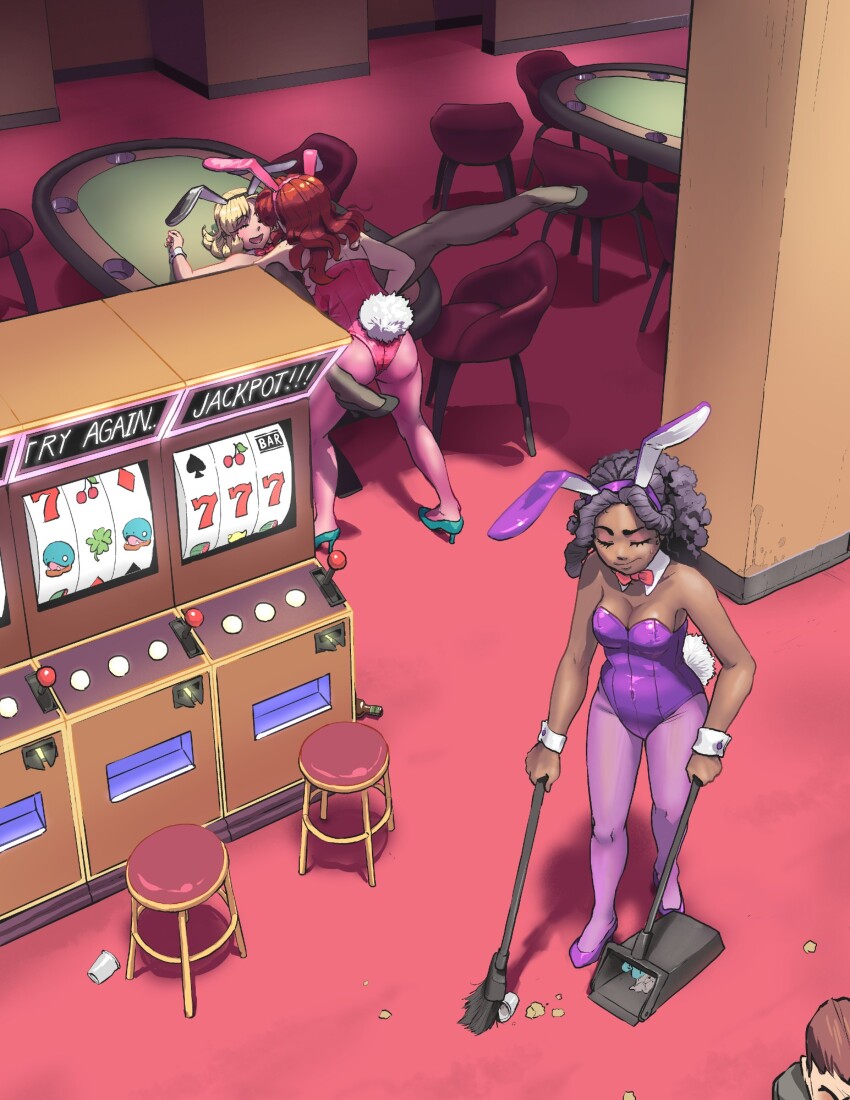 3girls animal_ears armpits black_hair black_leotard blonde_hair bow bowtie breasts broom casino chair cleavage closed_eyes closed_mouth collar couple dark-skinned_female dark_skin dustpan fake_animal_ears fake_tail full_body highres holding holding_broom holding_dustpan kerrigan_(thescarletone) large_breasts leotard makeup multiple_girls olabisi_(thescarletone) olivia_(thescarletone) open_mouth orange_hair original pantyhose pink_leotard pink_pantyhose poker_table purple_leotard purple_pantyhose rabbit_ears rabbit_tail red_bow red_bowtie slot_machine smile stool table tail thescarletone trash white_collar yuri