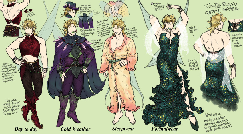 1boy absurdres adapted_costume alternate_costume alternate_ears back_cutout blonde_hair clothing_cutout crossdressing crossdressing_(mtf) crossover dio_brando disney_fairies disney_fairies_(book_series) disney_fairies_(movie_series) fairy fairy_wings garuye hat highres jojo_no_kimyou_na_bouken lips male_focus muscular phantom_blood plant_clothing pointy_ears stardust_crusaders top_hat wings