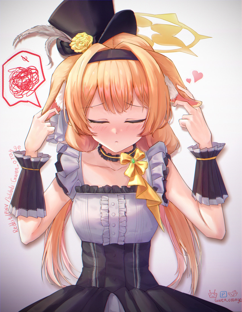 1girl absurdres animal_ear_fluff animal_ears black_dress black_hat blue_archive blush cat_ears cat_girl closed_eyes closed_mouth dress flower gwen_orange hair_between_eyes hand_on_own_ear hat hat_feather hat_flower hat_ribbon highres long_hair mari_(blue_archive) mari_(idol)_(blue_archive) orange_hair ribbon sidelocks solo top_hat white_ribbon wrist_cuffs yellow_flower yellow_ribbon