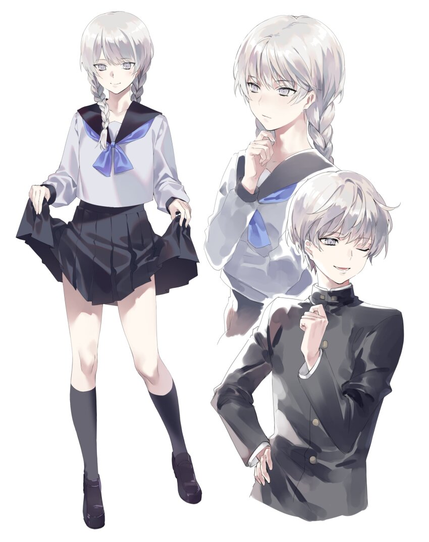 1boy black_footwear black_jacket black_skirt black_socks blue_neckerchief braid clothes_lift crossdressing finger_to_own_chin full_body gakuran grey_eyes grey_serafuku hand_on_own_chin highres jacket juusan_kihei_bouei_ken kangjini0248 lifting_own_clothes long_hair long_sleeves neckerchief okino_tsukasa one_eye_closed pleated_skirt school_uniform serafuku short_hair simple_background skirt skirt_lift socks thinking trap twin_braids white_background white_hair wig