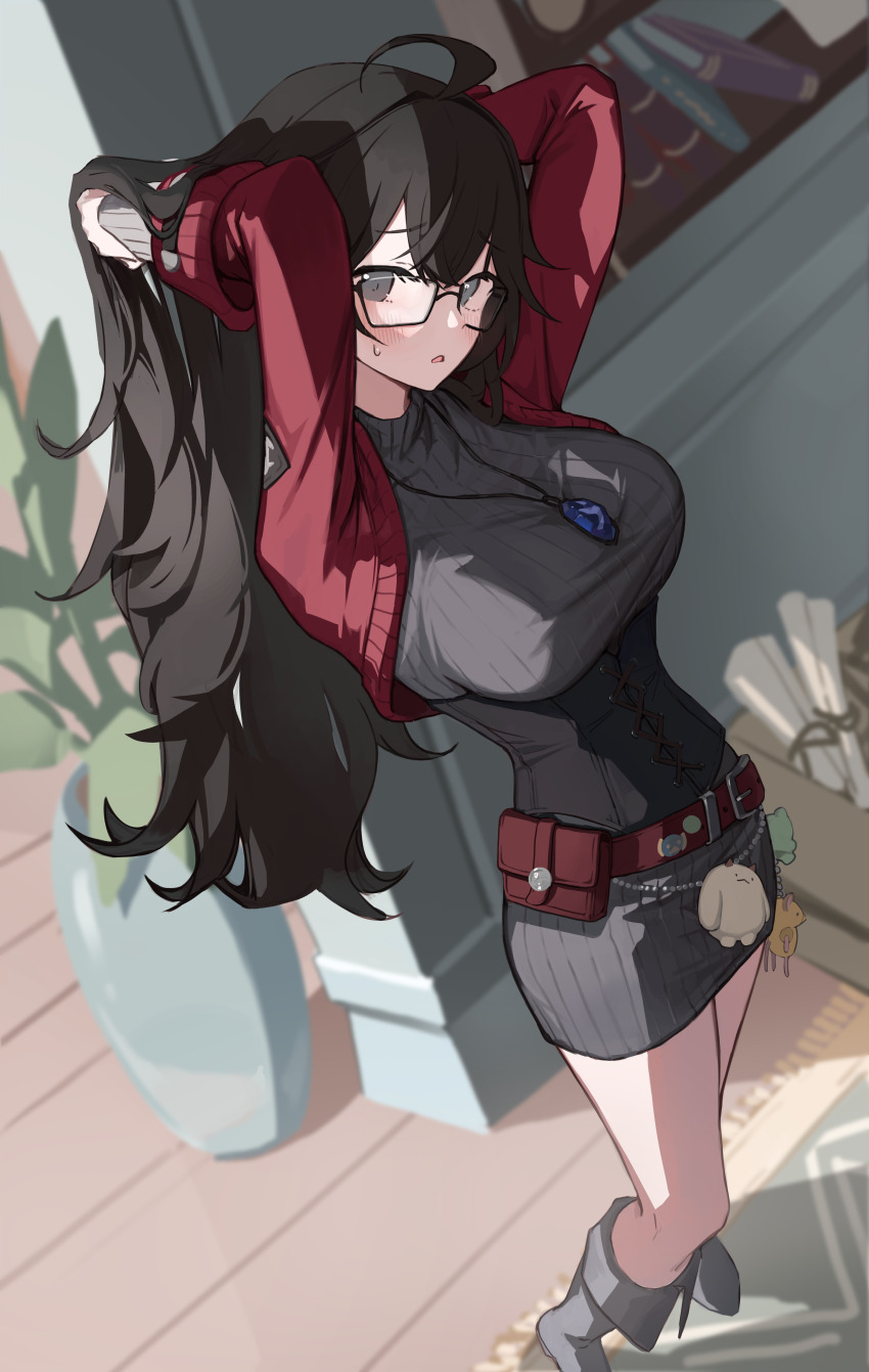 1girl absurdres ahoge arms_up belt belt_pouch black_dress black_eyes black_hair black_sweater boots breasts dress frown glasses highres jewelry large_breasts long_hair long_sleeves looking_at_viewer mabinogi molly_(mabinogi) necklace open_mouth pouch red_shrug ribbed_sweater semi-rimless_eyewear seorang solo standing sweatdrop sweater sweater_dress thighs underbust