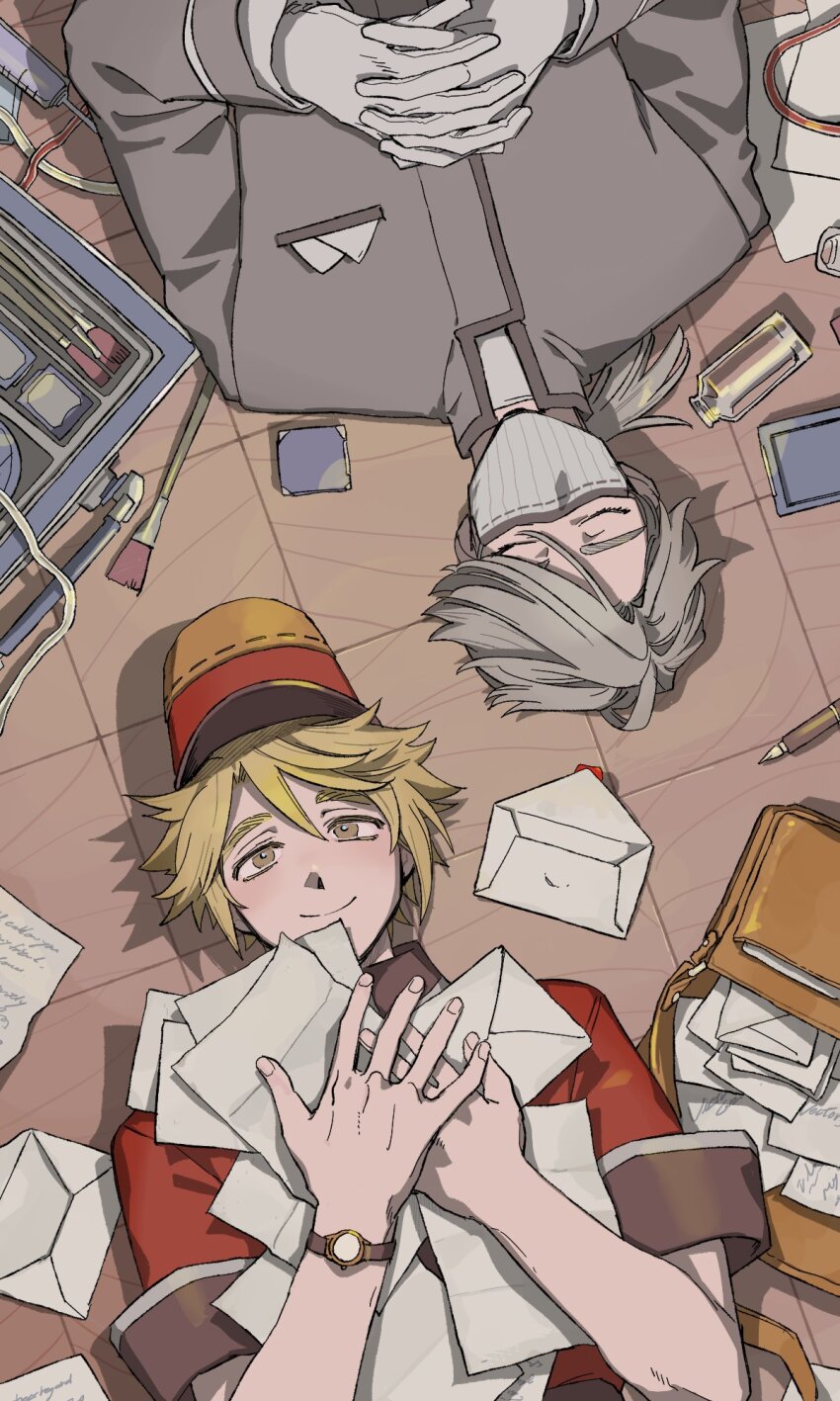 2boys aesop_carl blonde_hair bottle breast_pocket brown_eyes closed_eyes collared_jacket envelope gloves grey_hair grey_jacket hat highres holding holding_envelope holding_letter identity_v interlocked_fingers jacket letter long_sleeves low_ponytail lying mailbag male_focus mask medium_hair michiru_(amphibian) mouth_mask multiple_boys on_back pen pocket ponytail short_hair short_sleeves sleeve_cuffs smile syringe tube upper_body victor_grantz watch white_gloves wristwatch