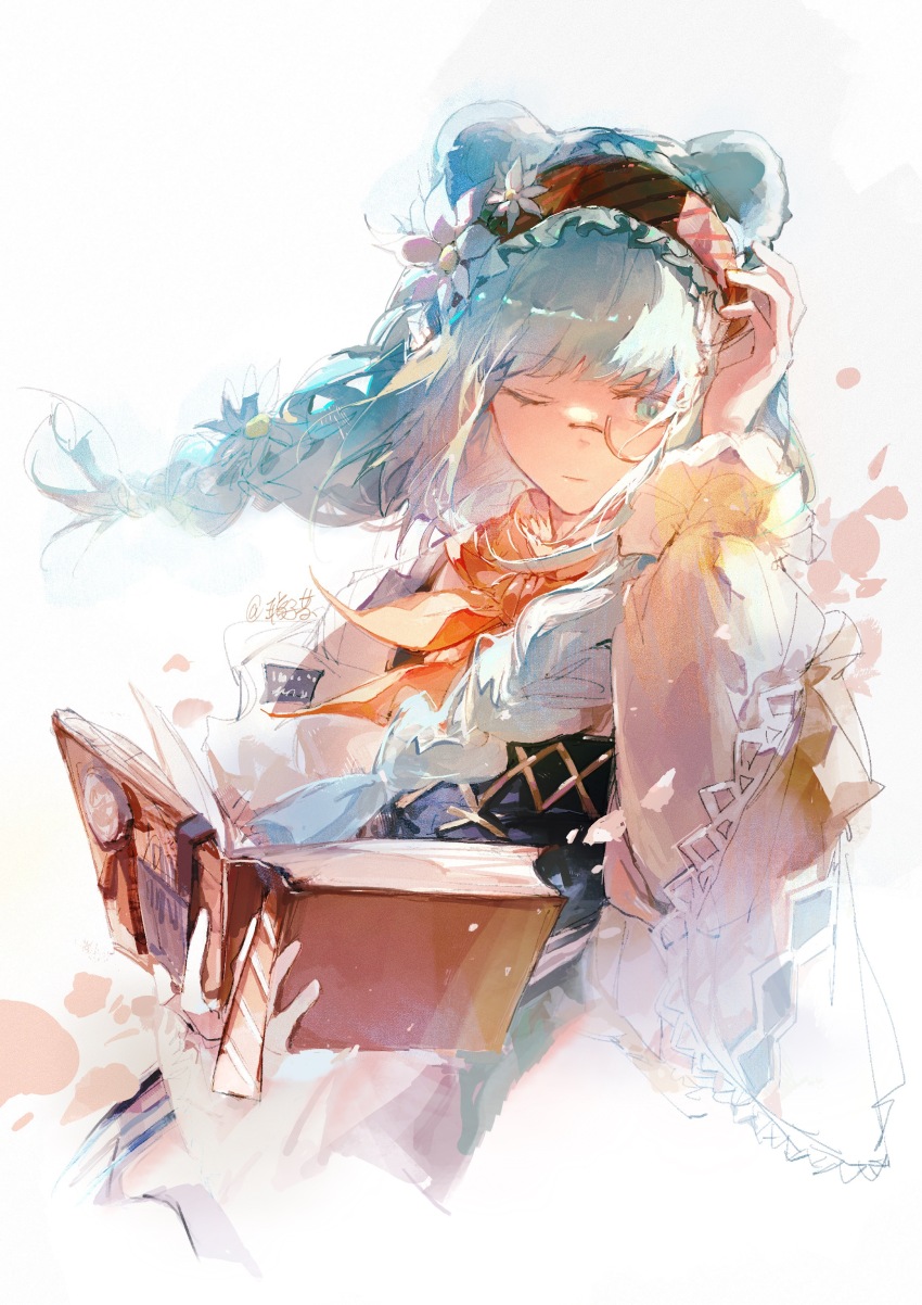 1girl absurdres adjusting_clothes adjusting_headwear animal_ears arknights bear_ears bear_girl blue_hair book braided_twintails chinese_commentary commentary_request cropped_torso flower frilled_hairband frills green_eyes grey_background hair_flower hair_ornament hair_over_shoulder hairband highres holding holding_book istina_(arknights) istina_(bibliosmia)_(arknights) lizicha monocle neckerchief one_eye_closed open_book puffy_sleeves red_hairband red_neckerchief semi-rimless_eyewear signature simple_background solo white_flower