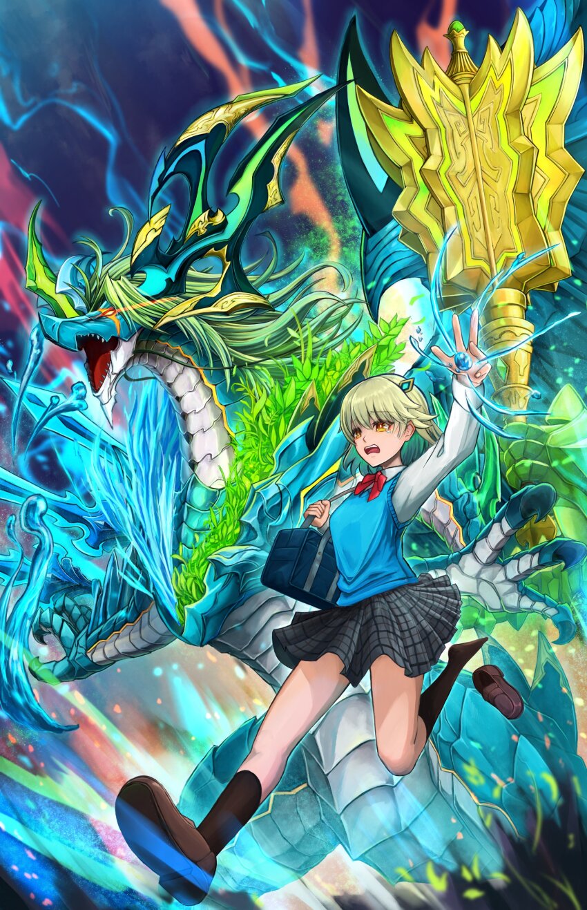 1girl absurdres aqua_hair arm_up aura bag black_socks blue_vest breasts brown_shoes colored_inner_hair dragon dragon_musume_ni_naritakunai! duel_masters full_body green_hair hair_ornament hairclip hanamuzimuzi highres long_sleeves multicolored_hair nagareboshi_asche open_mouth outdoors plaid_clothes plaid_skirt red_ribbon removing_shoes ribbon running school_bag school_uniform shirt shoes skirt socks solo sweater_vest tears teeth upper_teeth_only vest white_shirt yellow_eyes