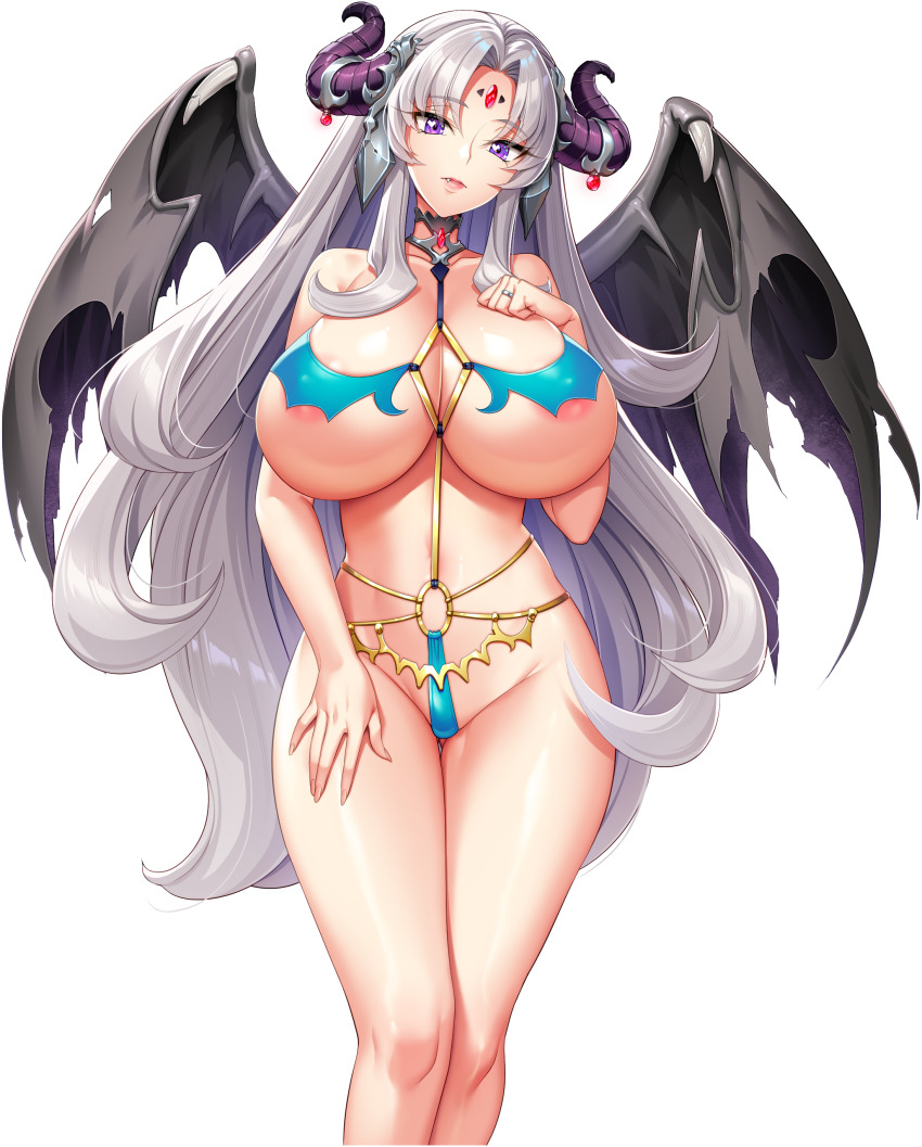 1girl absurdres akagi_rio areola_slip bikini black_horns blue_bikini bone_armor breasts cleavage closed_mouth collar covered_erect_nipples covered_navel dragon_girl dragon_horns fafnira_dracour fang forehead_jewel game_cg grey_hair hand_on_own_chest hand_on_own_thigh highres horn_ornament horns huge_breasts jewelry long_hair long_sidelocks looking_at_viewer metal_collar micro_bikini milk_factory motto!_haramase!_honoo_no_oppai_isekai_oppai_maid_gakuen! nipples non-web_source o-ring o-ring_bikini official_art purple_eyes ring sidelocks solo swimsuit transparent_background wedding_ring