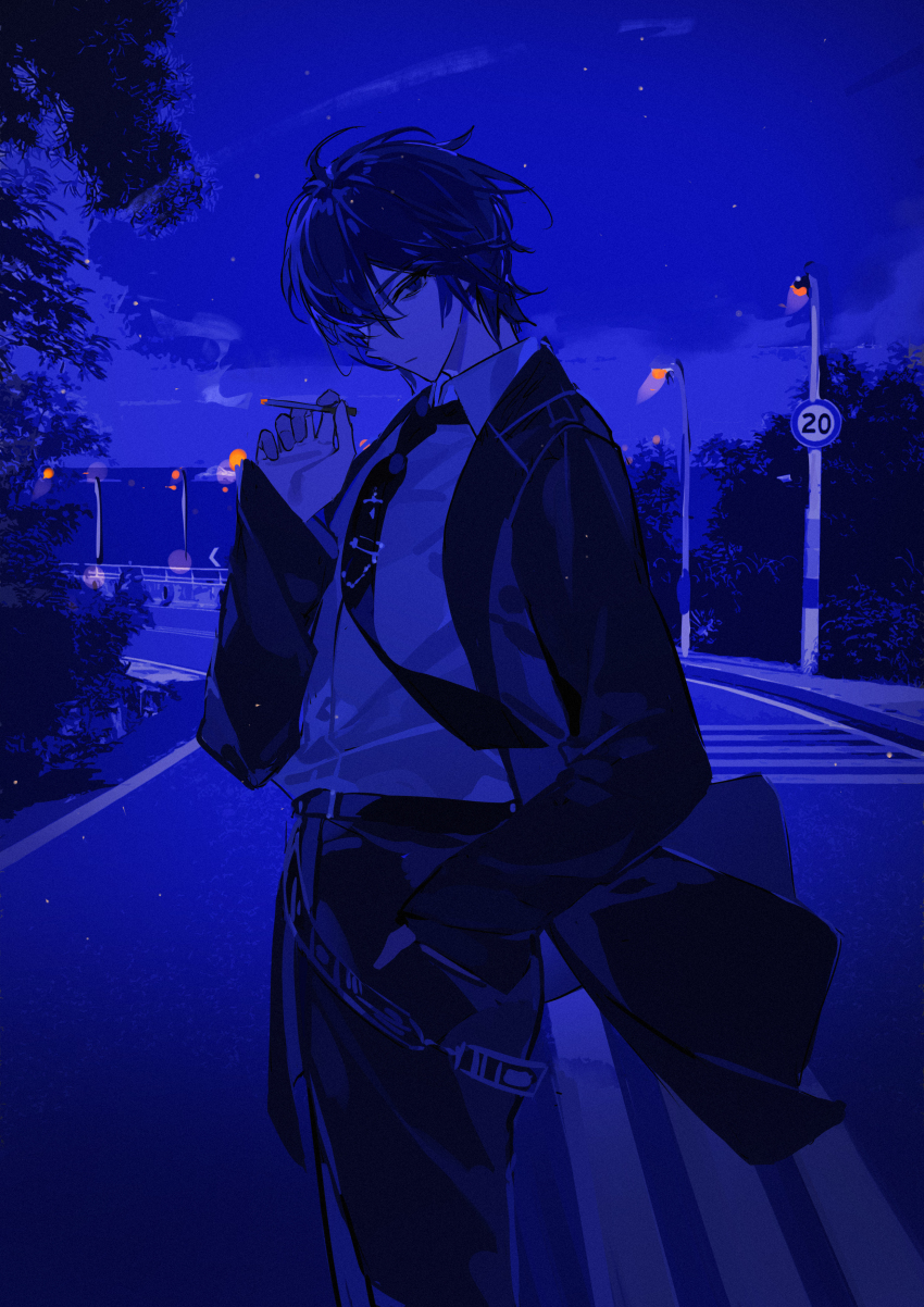 1boy absurdres blue_eyes blue_hair blue_theme cigarette closed_mouth cloud collared_shirt commentary formal_clothes from_side hand_in_pocket highres holding holding_cigarette jacket kaito_(vocaloid) kazenemuri lamppost looking_at_viewer male_focus necktie night night_sky open_clothes open_jacket outdoors road road_sign serious shirt short_hair sign sky smoke solo standing suit vocaloid