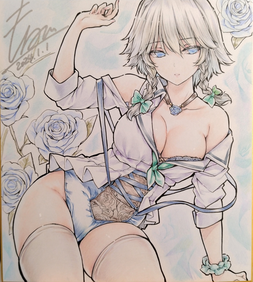1girl absurdres alternate_costume blue_eyes blue_flower blue_rose bow braid breasts cleavage clothing_request collarbone commentary_request dated flower green_bow grey_hair hair_bow highres izayoi_sakuya large_breasts long_hair long_sleeves looking_at_viewer monety rose scrunchie shikishi signature sleeves_rolled_up solo thighhighs thighs touhou traditional_media twin_braids white_thighhighs wrist_scrunchie