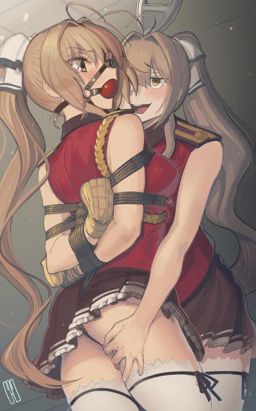 2girls absurdres amagi_brilliant_park arms_behind_back ass ass_grab ball_gag bare_shoulders bdsm blonde_hair blush bondage bound bound_arms box_tie cad_(caddo) clone commission doppelganger female_focus gag gag_harness gagged hair_ribbon highres kaddo long_hair multiple_girls ponytail ribbon rope second-party_source selfcest sento_isuzu shibari shibari_over_clothes signature skinsuit skirt thighhighs thighs zipper zipper_pull_tab