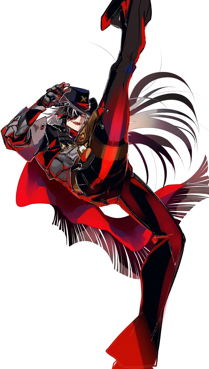 1boy absurdres black_hair black_jacket boothill_(honkai:_star_rail) commentary_request cowboy cowboy_hat cropped_jacket cyborg feet_out_of_frame glowing glowing_eyes grey_hair hair_over_one_eye hat high_kick highres honkai:_star_rail honkai_(series) jacket kicking long_hair looking_at_viewer male_focus multicolored_hair red_eyes sharp_teeth simple_background solo streaked_hair teeth u_5ham0 western white_background